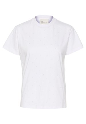 Biele bavlnené tričko s okrúhlym výstrihom, krátkymi rukávmi a jemným bodkovaným vzorom v čiernej farbe. Výrobok obsahuje nápis "MOJA ZÁKLADNÁ ŠATNÍKOVÁ VÝBAVA".