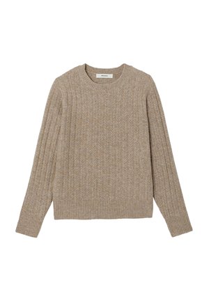Pull en tricot beige avec un motif côtelé, col rond et manches longues. Texture douce et coupe décontractée.