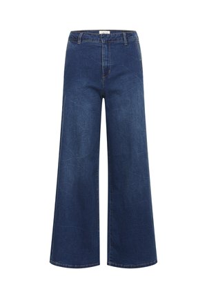 Lainelised tumel sinisest teksariidest laiad püksid, millel on tekstuuriga muster, klassikalise viiepokilise disainiga ja kuldsete õmblustega.