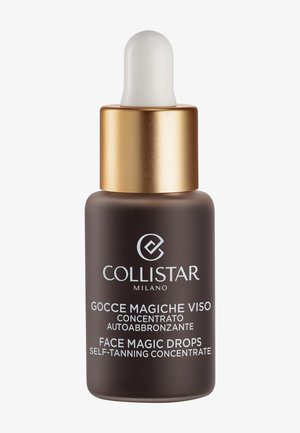 Bottiglia contagocce in vetro marrone con un tappo dorato. L'etichetta presenta testo bianco: "COLLISTAR", "FACE MAGIC DROPS" e dettagli del prodotto in italiano e inglese.
