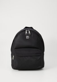 Black nylon backpack with a rounded shape, featuring a top zip closure, front zipper pocket, and silver hardware accents. Logo displayed on front.