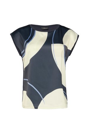 Lühikeste varrukatega pluus, millel on libe kangas, millel on tumedama sinise, koore ja helesinise abstraktne muster. Lai kaelus ja lõdvestatud istuvus.