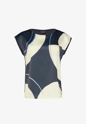 T-shirt à manches courtes en tissu lisse avec un motif abstrait bleu marine, crème et bleu clair. Encolure large et coupe décontractée.