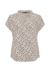 Biała bluzka z krótkim rękawem, w mały czerwony kwiatowy wzór, z dekoltem w kształcie łezki i falbaniastym wykończeniem kołnierza.