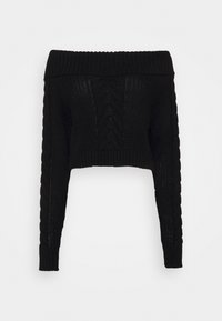 Black cropped off-the-shoulder sweater with cable knit design, ribbed neckline, and long sleeves featuring textured patterns.