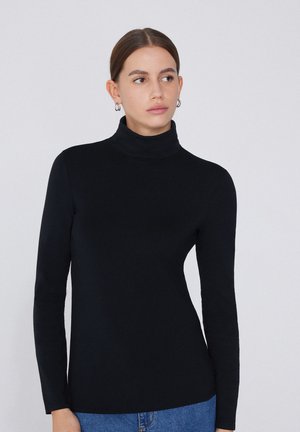 Schwarzer Rollkragenpullover aus einem weichen, elastischen Stoff mit langen Ärmeln. Hat ein enganliegendes Design und eine glatte Textur. Keine sichtbaren Muster oder Hardware.