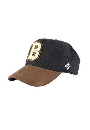 Dunkelgraue Baseballkappe mit braunem Wildleder-Schirm, großem, strukturiertem Buchstaben "B" auf der Vorderseite und kleinem weißen Logo an der Seite.
