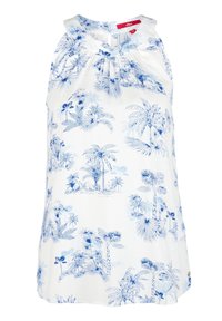 Witte mouwloze top met blauwe palmboomprint, gemaakt van lichtgewicht stof, voorzien van een ronde hals en geplooide details bij de buste.