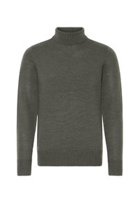 Dunkelgrauer gestrickter Rollkragenpullover mit langen Ärmeln sowie gerippten Bündchen und Saum, auf weißem Hintergrund präsentiert.