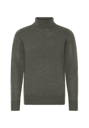 Temno siva pletena turtleneck pulover s dolgimi rokavi ter rebrastimi manšetami in robom, prikazan na beli podlagi.