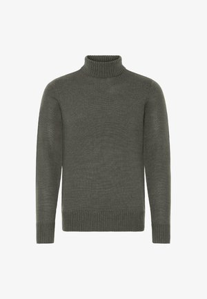 Mørkegrå strikket høyhalset genser med lange ermer og ribbestrikkede mansjetter og kant, vist på hvit bakgrunn.