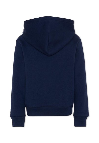 Felpa con cappuccio blu navy a maniche lunghe, con polsini e orlo a coste, vista da dietro su sfondo bianco.