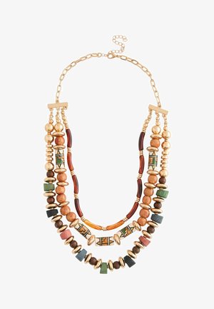 Multicolored bead necklace with gold hardware, featuring wooden and painted elements in circular and geometric shapes.