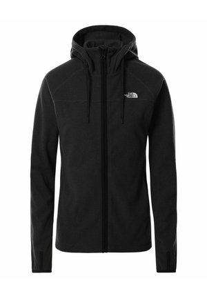 Czarna kurtka z kapturem na zamek błyskawiczny, ze sznurkami, długimi rękawami, otworami na kciuki i małym białym logo The North Face na lewej stronie klatki piersiowej.