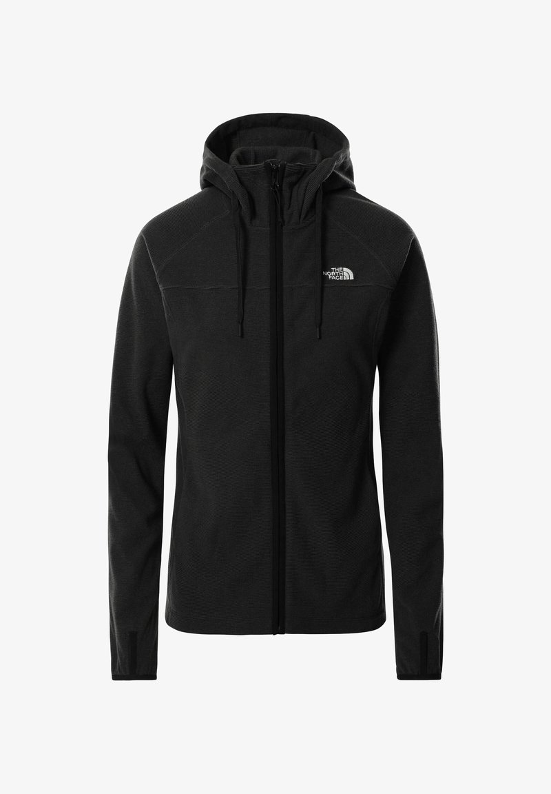 Veste noire zippée à capuche avec cordons, manches longues, trous pour les pouces et petit logo blanc The North Face sur la poitrine gauche.