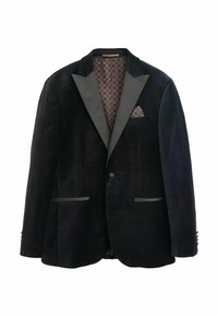 Zwarte fluwelen herenblazer met satijnen revers, twee voorzakken, een enkele knoop en een patroon binnenvoering met bijpassende pochet.