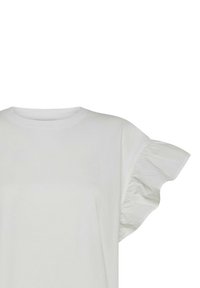T-shirt bianca con scollatura rotonda e maniche corte a volant realizzata in un tessuto liscio. Presenta un piccolo logo sul davanti.