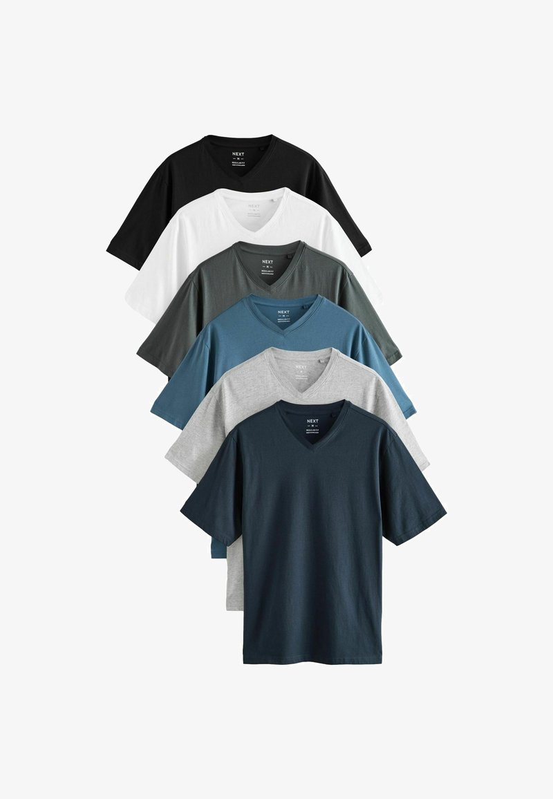 Sæt med seks kortærmede V-hals t-shirts i sort, hvid, grå, mørk teal, lys teal og mørk navy, lavet af blødt bomuldsstof.
