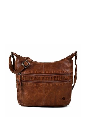 Borsa a tracolla in pelle marrone con due tasche orizzontali con zip sul davanti e tracolla regolabile con fibbia metallica.