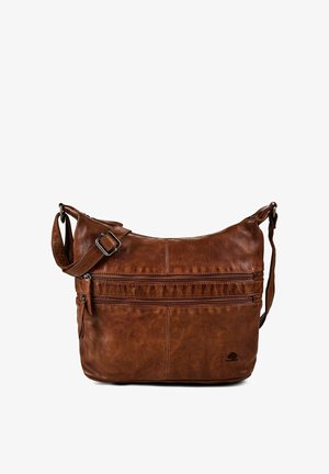 Borsa a tracolla in pelle marrone con due tasche orizzontali con zip sul davanti e tracolla regolabile con fibbia metallica.