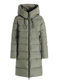 Olive green padded coat with a hood, featuring a full zipper, side pockets, and a quilted design. Smooth texture and elongated shape.