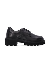 Zwarte leren veterschoen met een ronde neus, dikke rubberen zool met textuur en subtiele stiksels langs de bovenkant en zijkanten.