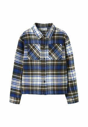Chemise à manches longues à boutons, motif à carreaux verts, bleus et blancs et deux poches poitrine.