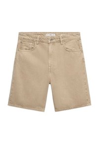 Beige denim shorts with a straight cut, featuring five pockets, belt loops, and a button closure. Soft texture with a smooth finish.