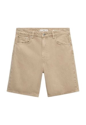 Beige denim shorts met een rechte pasvorm, voorzien van vijf zakken, riemlussen en een knoopsluiting. Zachte textuur met een gladde afwerking.