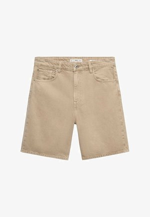 Beige denim shorts met een rechte pasvorm, voorzien van vijf zakken, riemlussen en een knoopsluiting. Zachte textuur met een gladde afwerking.