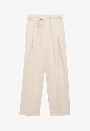 Béžové široké nohavice s elastickým pásom a šnúrkou, s predným skladaním a hladkou, ľahkou textúrou.