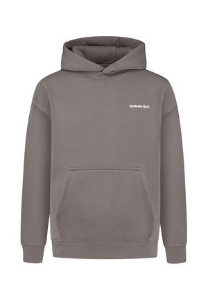 Szara bluza z kapturem z miękkiego materiału, z przednią kieszenią, ściągaczami na rękawach oraz małym białym logo na klatce piersiowej. Klasyczny design.