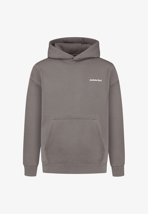 Szara bluza z kapturem z miękkiego materiału, z przednią kieszenią, ściągaczami na rękawach oraz małym białym logo na klatce piersiowej. Klasyczny design.