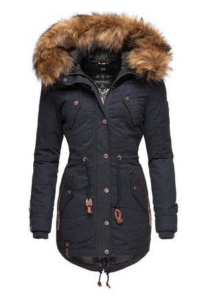 Navy parka jacket with faux fur hood, featuring metal buttons, drawstring waist, zippered pockets, and quilted texture on sleeves.