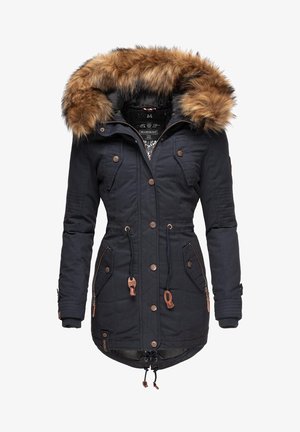 Marine parka met nepbont capuchon, uitgerust met metalen knopen, een trekkoord in de taille, ritszakken en een gewatteerde textuur op de mouwen.