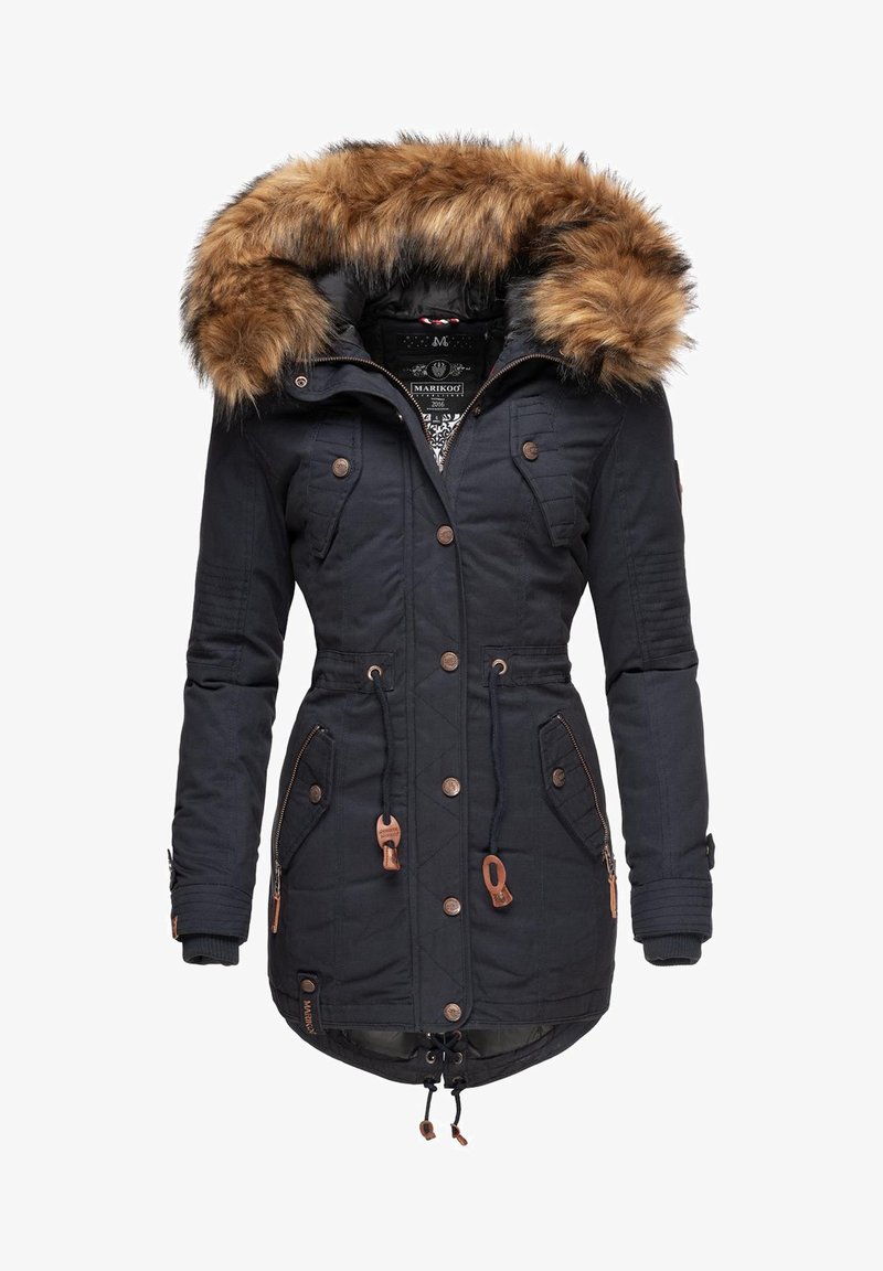 Mörkblå parka-jacka med fuskpäls på huvan, utrustad med metallknappar, dragsko i midjan, fickor med dragkedja och quiltad textur på ärmarna.