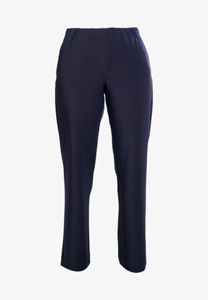 Navy blue, elastic-waist pants with a straight leg design. Made from soft fabric, featuring smooth texture and no visible fastenings.