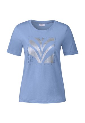 Light blue short-sleeve t-shirt with a round neckline, featuring a silver graphic print and text in a central design. Soft cotton blend fabric.