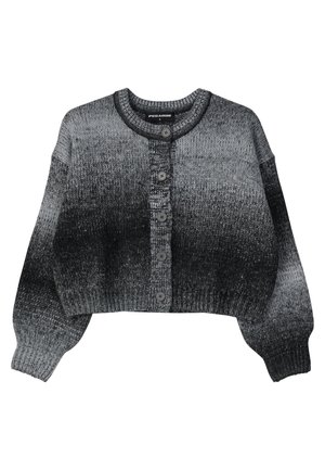 Cardigan cropped em tons de cinza em degradê, tecido tricotado, decote redondo, fecho com botões e punhos e barra canelados.