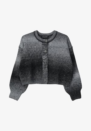 Cardigan accorciato in sfumature di grigio, tessuto lavorato a maglia, colletto rotondo, chiusura con bottoni e polsini e orlo a coste.