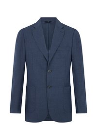 Blazer blu navy in tessuto texturizzato, con rever a faccetta, chiusura a due bottoni e due tasche frontali. Presenta una tasca sul petto.