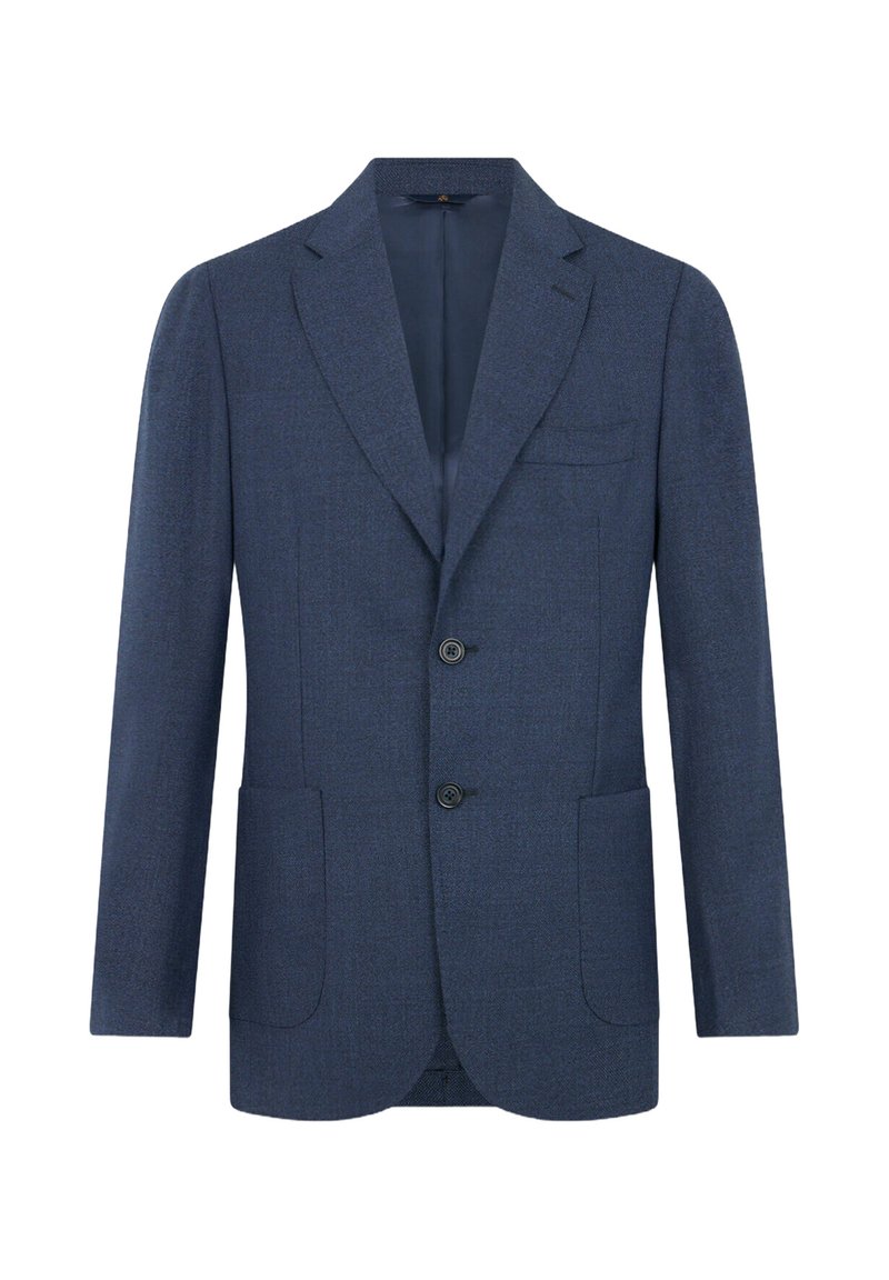 Blazer blu navy in tessuto texturizzato, con rever a faccetta, chiusura a due bottoni e due tasche frontali. Presenta una tasca sul petto.