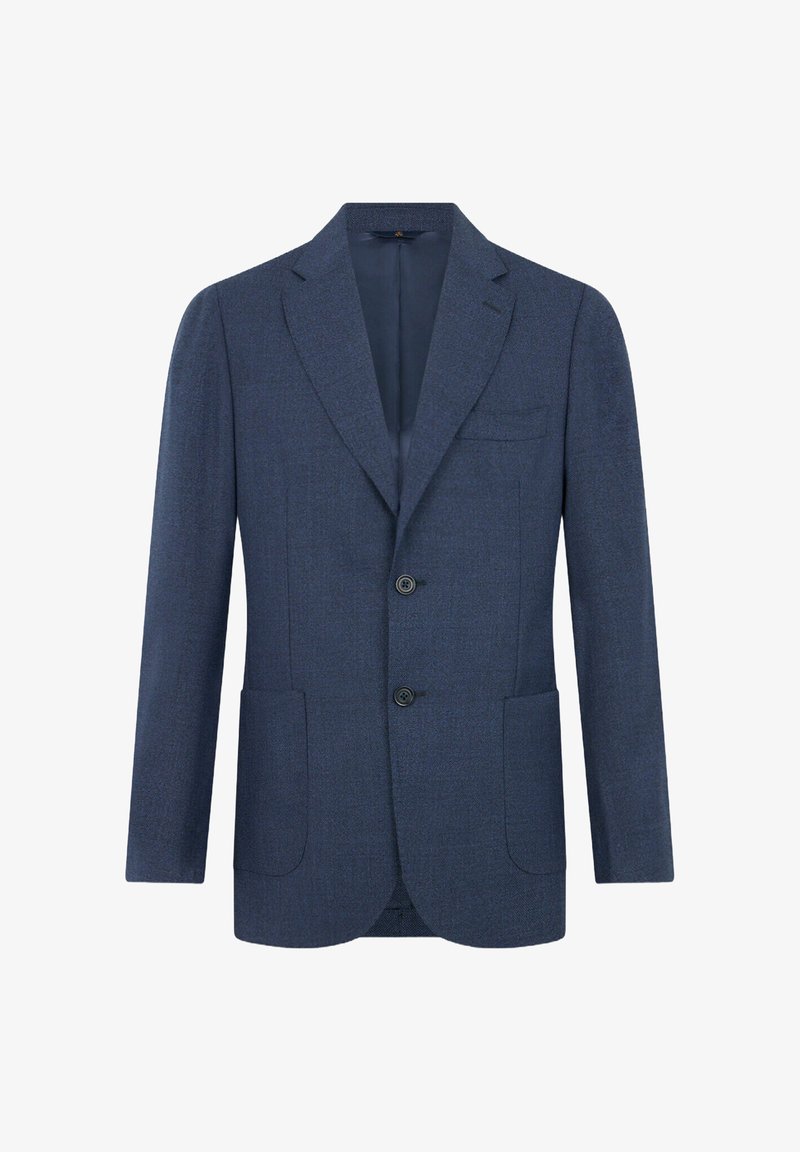 Blazer blu navy in tessuto texturizzato, con rever a faccetta, chiusura a due bottoni e due tasche frontali. Presenta una tasca sul petto.