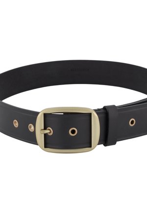 Black leather belt with a rectangular gold-tone buckle and multiple punched holes for adjustable sizing.