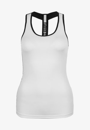 Weißes Tanktop mit taillierter Passform, das schwarze Akzente an den Trägern und am Ausschnitt aufweist. Der Rücken hat einen Racer-Cut mit einem Logodetail.