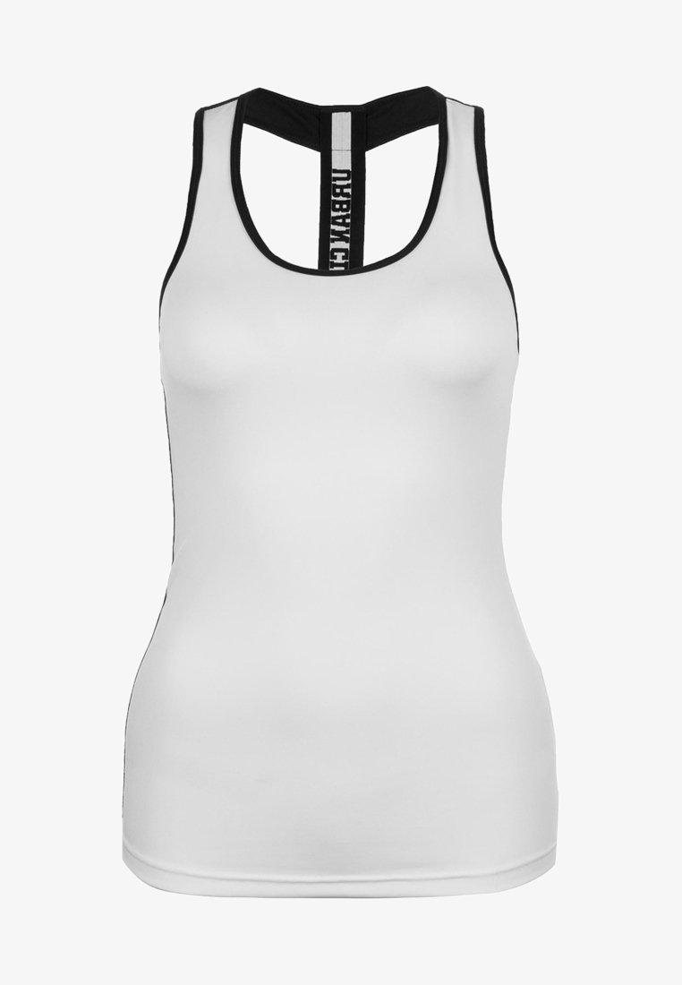 Débardeur blanc au design ajusté, avec des accents noirs sur les bretelles et le décolleté. Le dos présente une coupe « racer » avec un détail de logo.