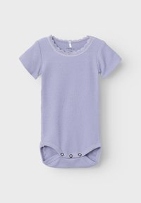 Light purple short-sleeve bodysuit made of ribbed fabric, featuring a scalloped lace neckline and snap closures at the bottom.