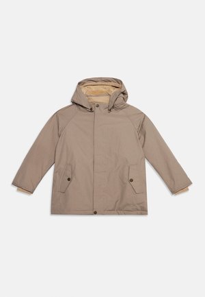 Beige hooded winter jacket with front pockets and snap button closures, displayed flat with sleeves extended.