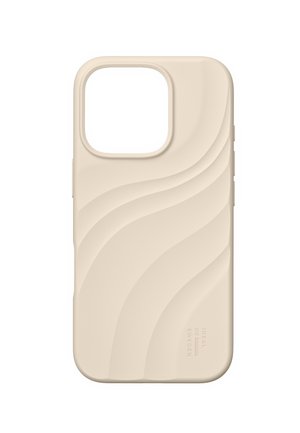 Coque de téléphone en silicone beige avec motif texturé en forme de vague et grande découpe pour l'appareil photo, conçue pour protéger le smartphone.
