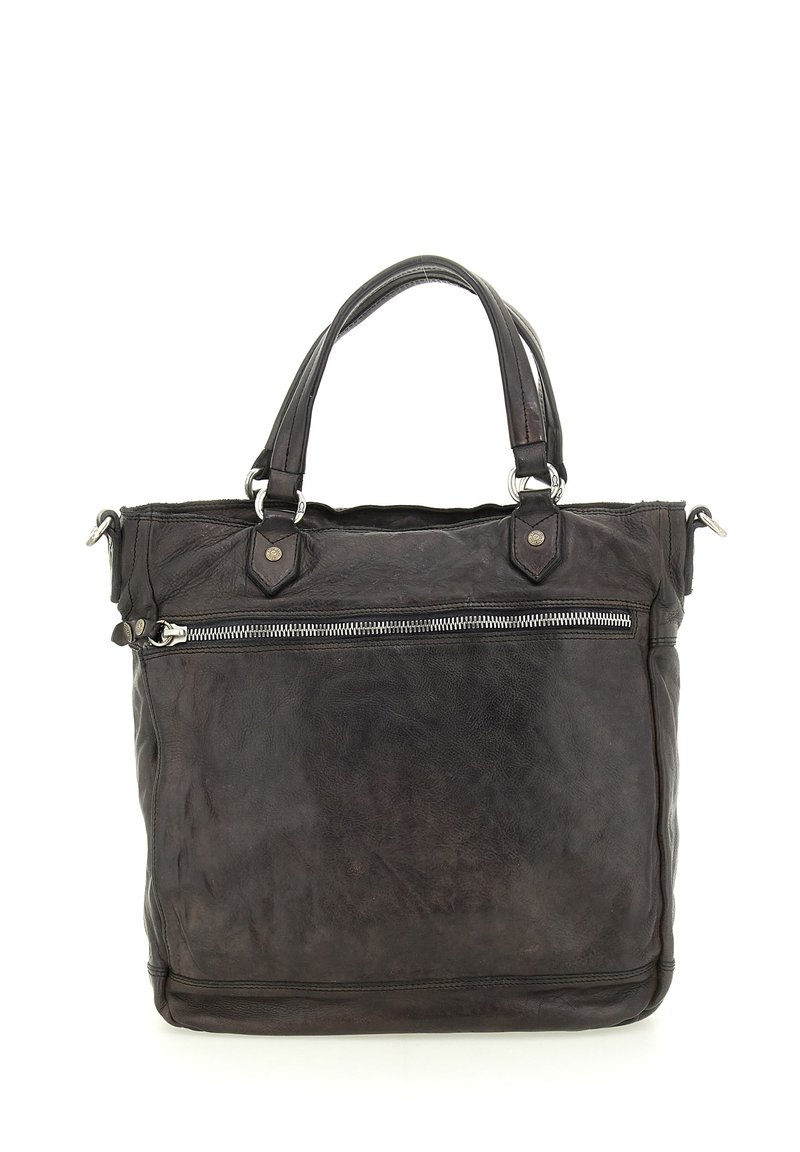 Borsa tote in pelle nera con due manici superiori, hardware argentato, una tasca frontale con zip e una finitura testurizzata. Design robusto e spazioso.
